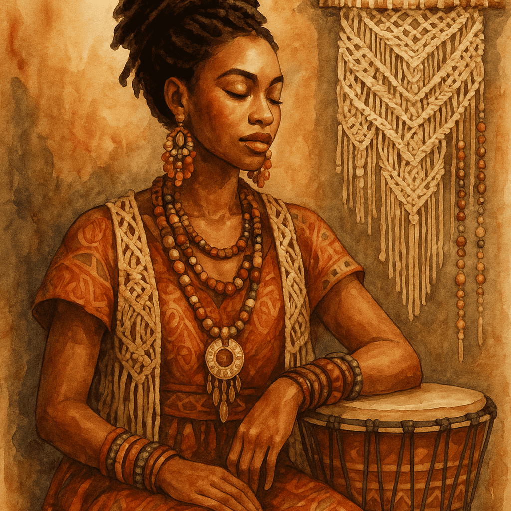 Akvarelový portrét africké ženy v Afro-Boho stylu – makramé na zdi, djembe buben, korálky, teplé přírodní barvy a světlo symbolizující propojení s kořeny.