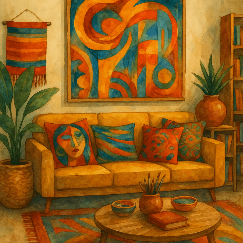 Akvarelový interiér v Artistic Boho stylu – žlutá pohovka, barevné abstraktní obrazy, rostliny a doplňky v oranžových, tyrkysových a modrých tónech.