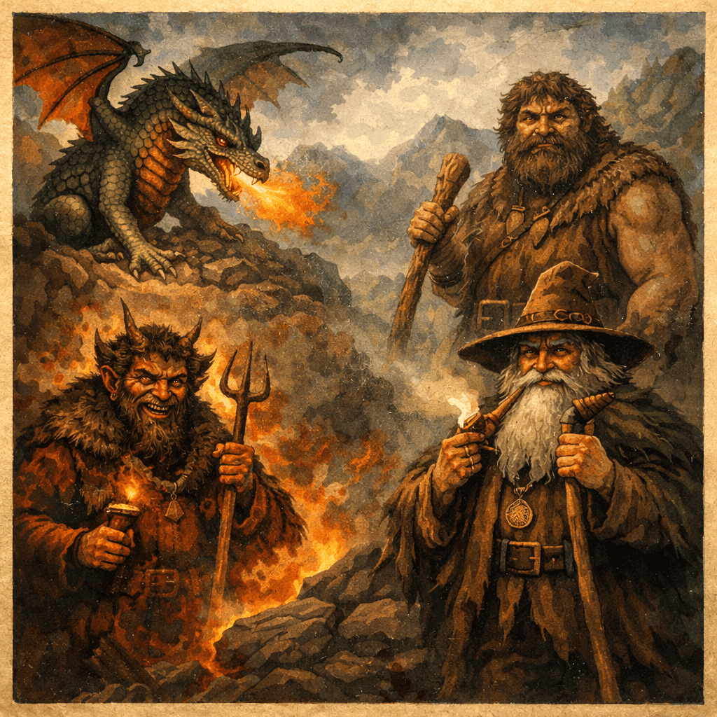 Ilustrace slovanských mytologických postav s drakem a ohnivým dechem, symbolizující legendy a pohádky.