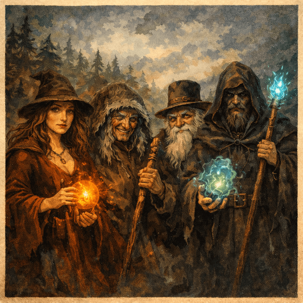 Čtyři postavy v tradičních slovanských oděvech s magickými kouzly v rukou, symbolizující slovanskou mytologii a legendární bytosti v tajemném lese.