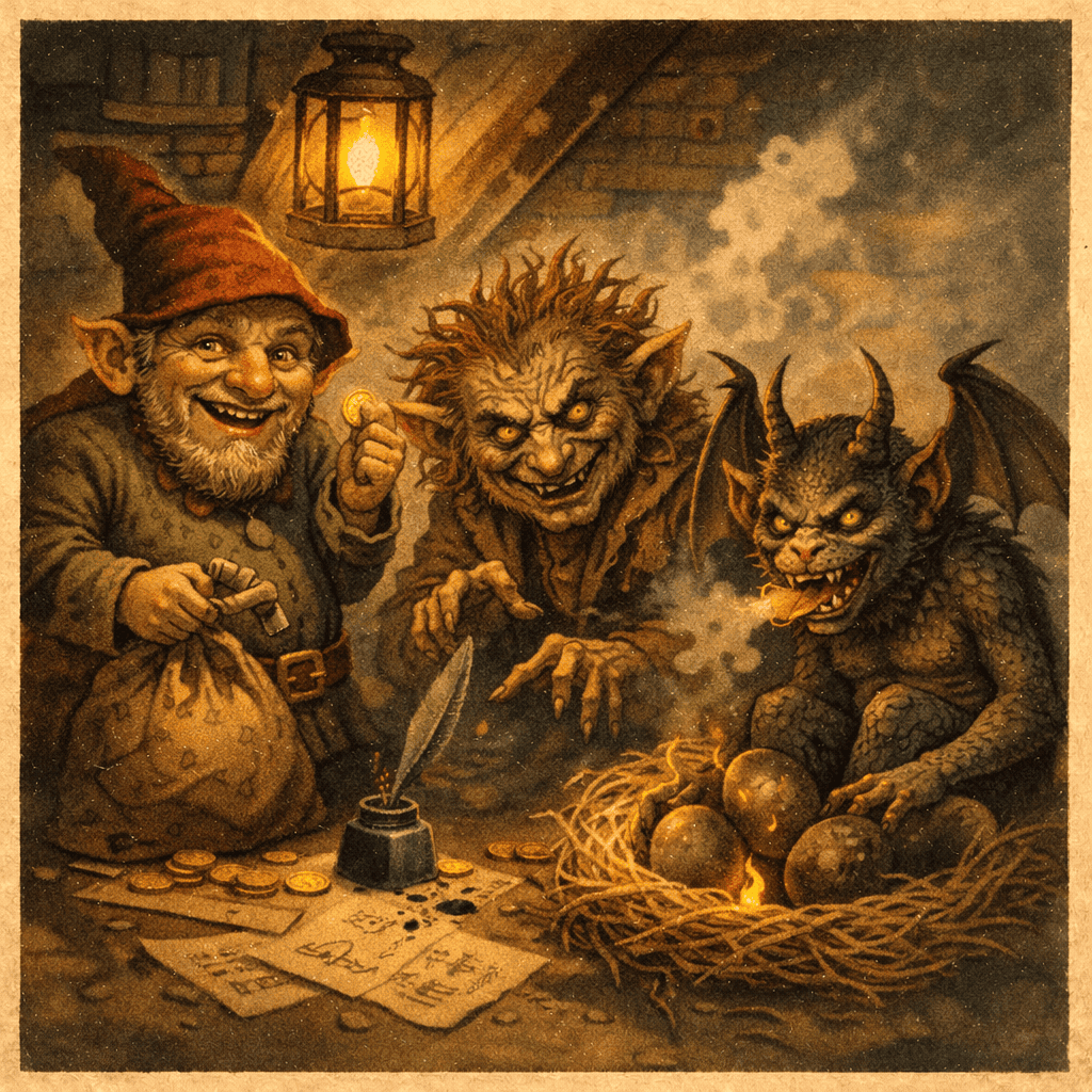 Ilustrace pohádkových postav s čarodějem, skřetem a drakem v tajemném prostředí s lucernou a pokladem.