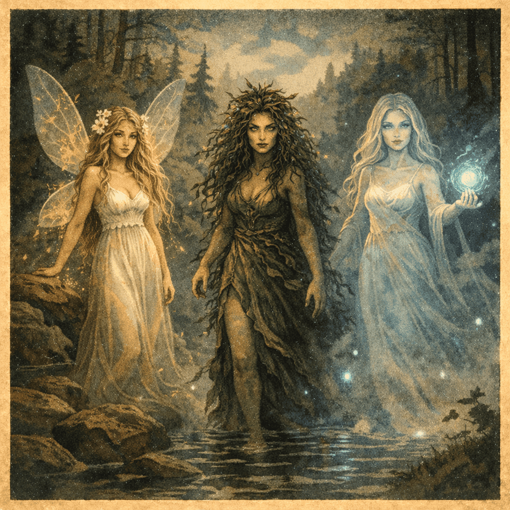 Tři slovanské mytologické postavy v kouzelném lese, zobrazené s magickými prvky a tradičními oděvy, symbolizující pohádkové a legendární postavy.