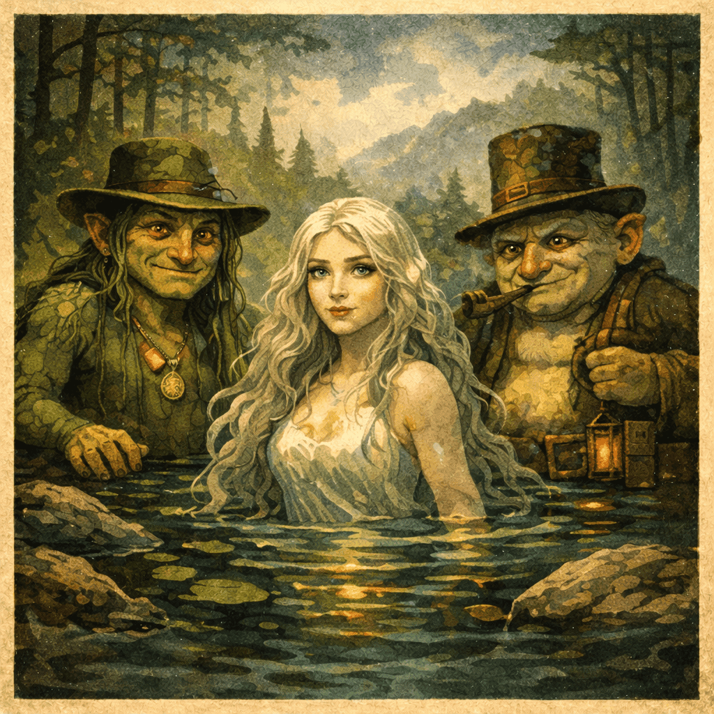Ilustrace pohádkových slovanských postav v přírodním prostředí, zdůrazňující jejich mystickou a legendární povahu.