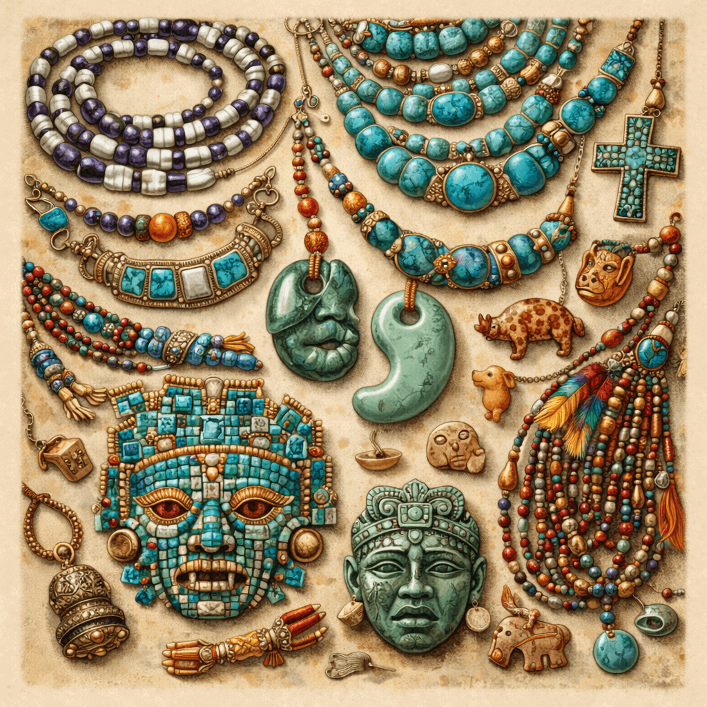 Etnické šperky původních kultur Ameriky – tyrkysové náhrdelníky, korálkové ozdoby, jadeitové amulety, rituální přívěsky a symboly spojené s kosmologií a tradicemi domorodých národů.