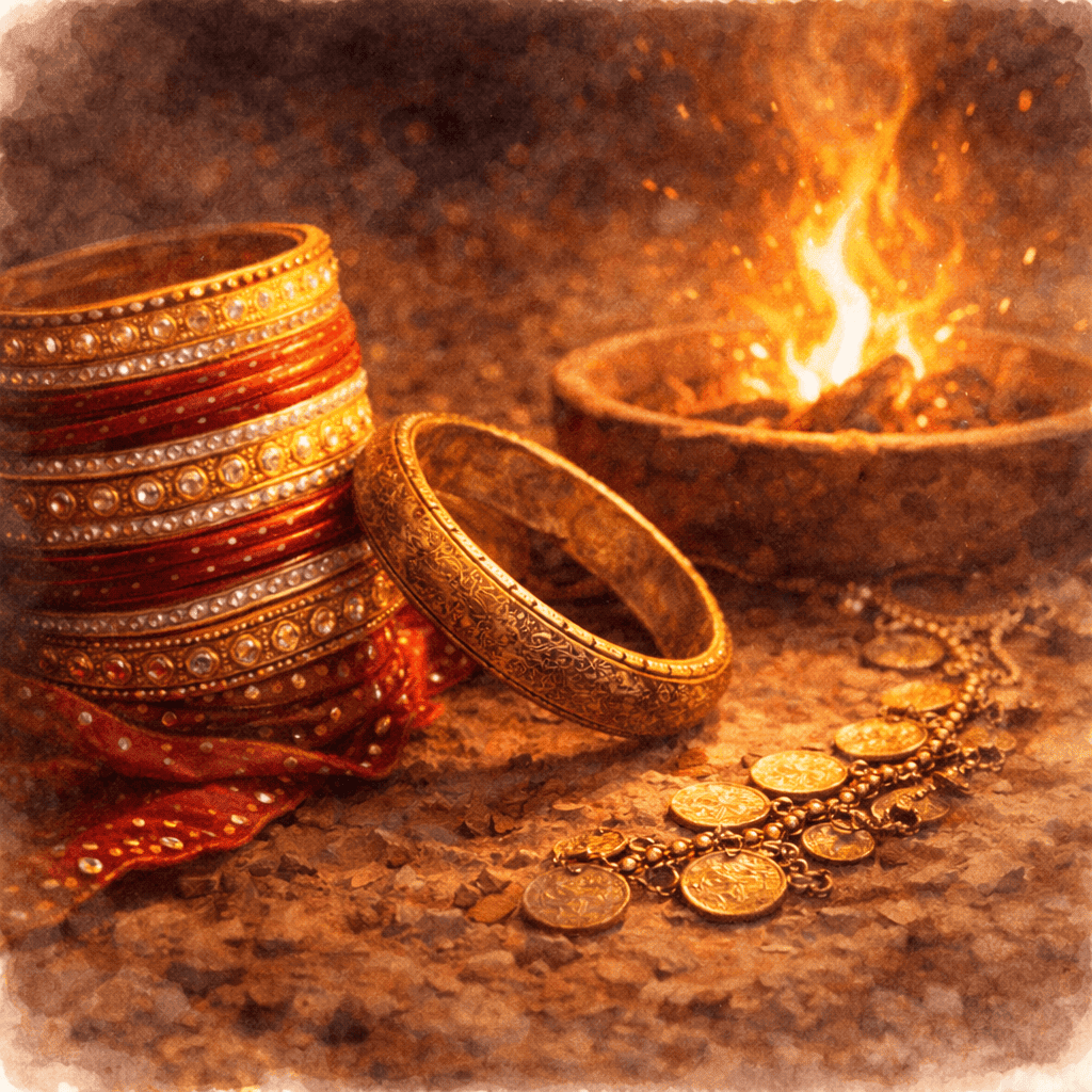 Šperky spojené s Lohri, tradiční indický festival, zahrnují zlaté a červené náramky a náhrdelníky, symbolizující štěstí a bohatství.