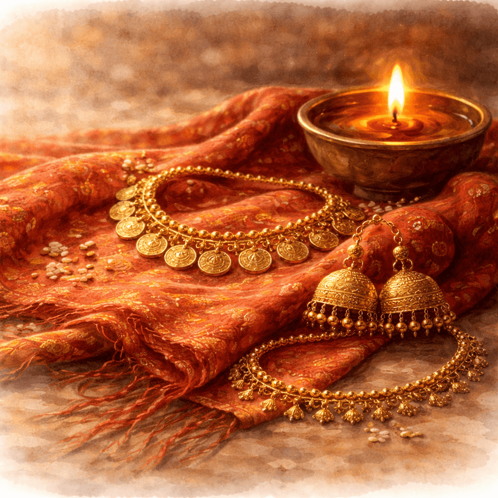 Lohri rituální šperky u ohně – tradiční pandžábské náhrdelníky, náušnice jhumka a kotníkové řetízky položené u lampy během zimního rituálu svátku Lohri