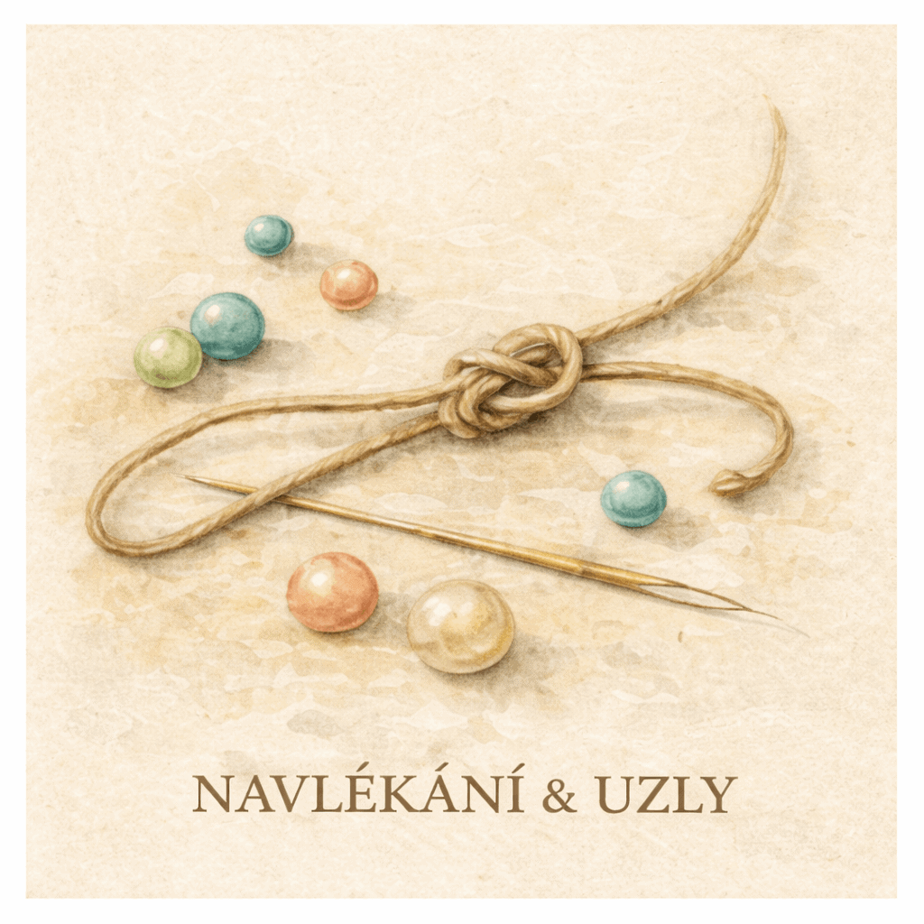 Akvarelová ilustrace navlékání korálků a uzlů, provázek s uzlem, jehla a barevné korálky na jemném papírovém pozadí.