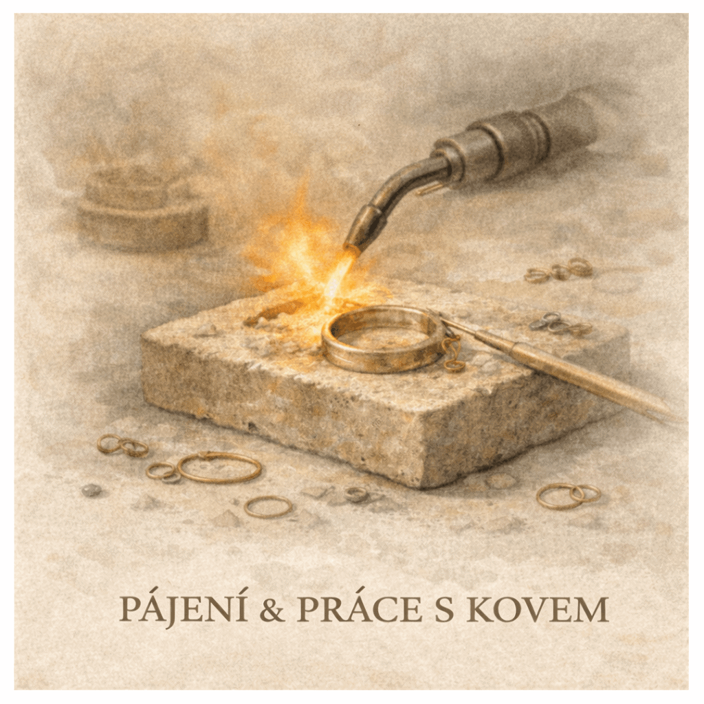 Akvarelová ilustrace pájení šperků, práce s kovem, prsten zahřívaný plamenem na kamenné podložce, jemná dílenská atmosféra.