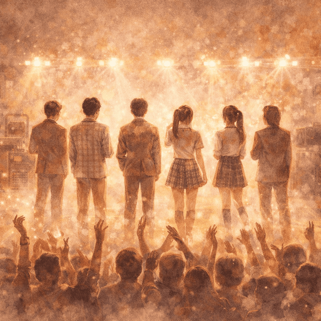 Primeira geração do K-pop, atmosfera nostálgica, palco e fãs.