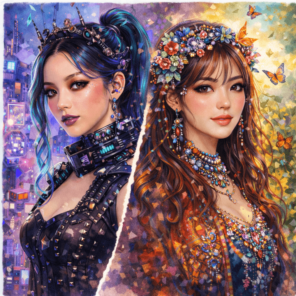 K-pop estetické světy – akvarelová ilustrace dvou dospělých ženských idolů v kontrastních vizuálních konceptech, jedna v futuristickém cyber stylu s městským neonovým pozadím, druhá v přírodním boho glam světě s květinami a motýly, znázorňující rozdílné estetické vesmíry a vizuální storytelling K-popu.