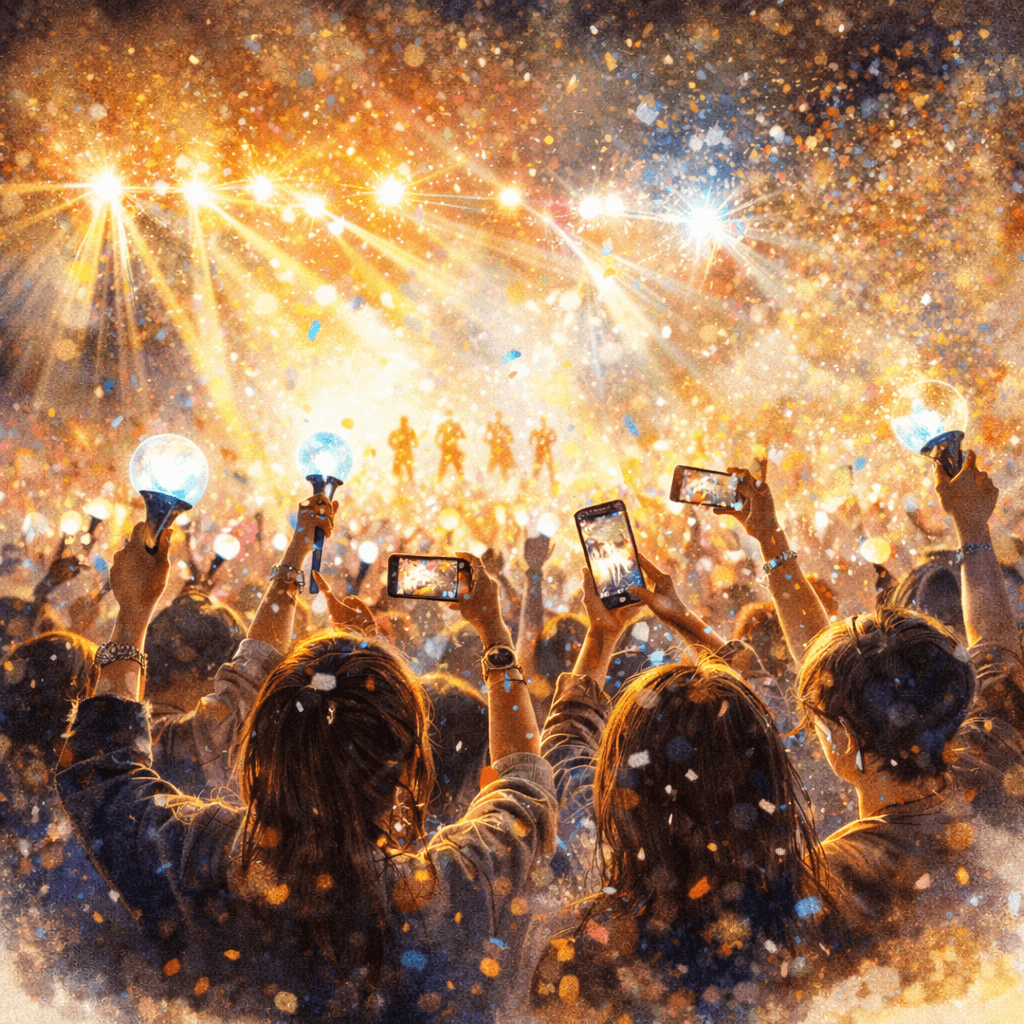 K-pop fan kultury – akvarelová ilustrace koncertního davu fanoušků s lightsticky a mobilními telefony, sledujících vystoupení idolů na osvětleném pódiu, znázorňující kolektivní emoce, rituál fandomu a energii živého K-pop koncertu.