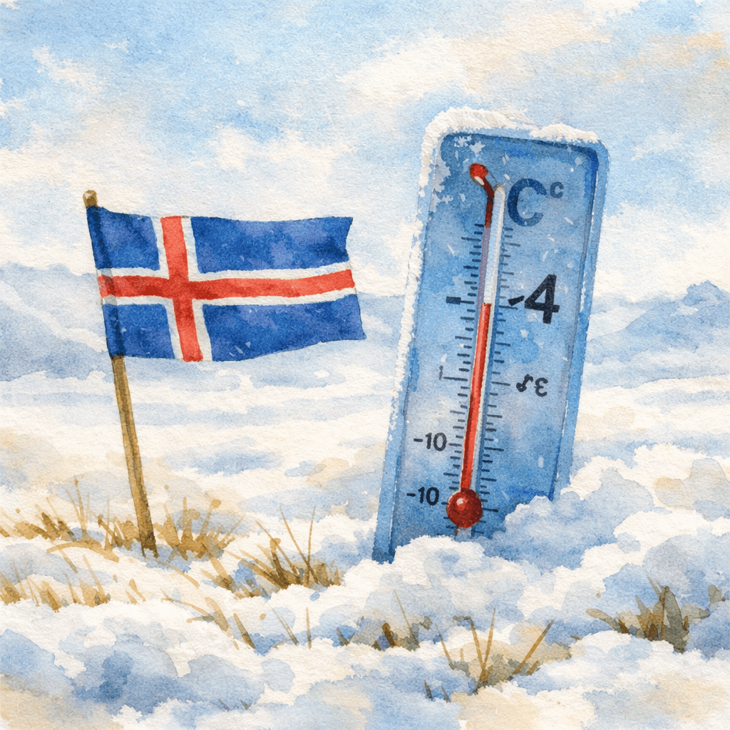 Sumardagurinn fyrsti na Islandu – první den léta oslavovaný ve sněhu, islandská vlajka a teploměr ukazující 4 °C v zimní krajině