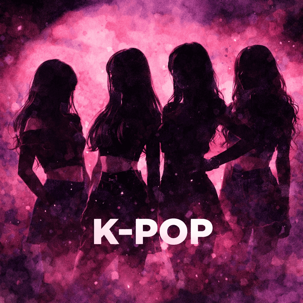 silhouette of a k-pop girl group under pink stage lights.  Blackpink inspiration  
