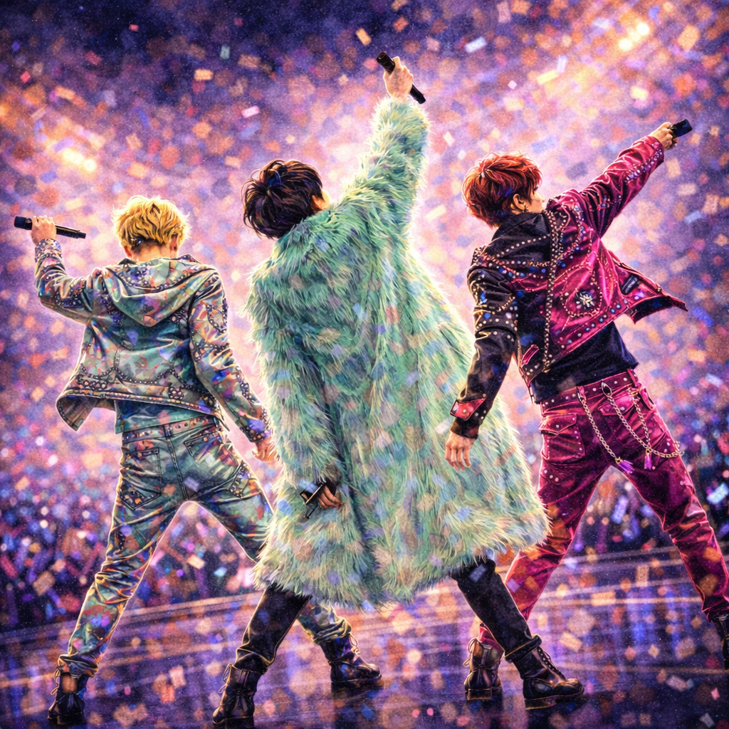 K-pop idol trio performing choreography on concert stage with microphones, colorful stage outfits and fan lightsticks in the crowd