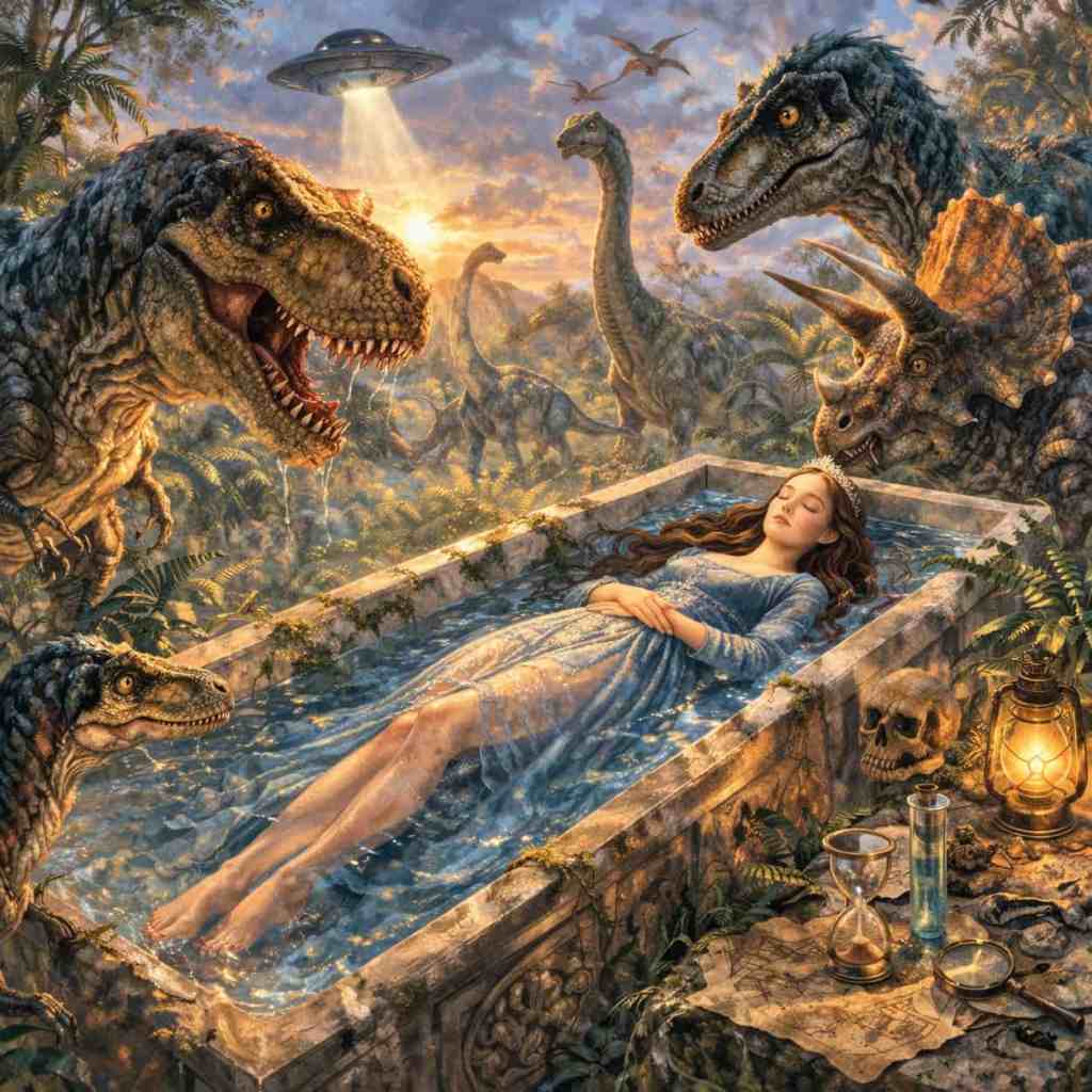 Dívka v modrých šatech leží v kameninové vaně s vodou, obklopena dinosaury a UFO v pozadí. Skály, rostliny a předměty jako lampa, přesýpací hodiny a kostra doplňují surrealistickou scénu.