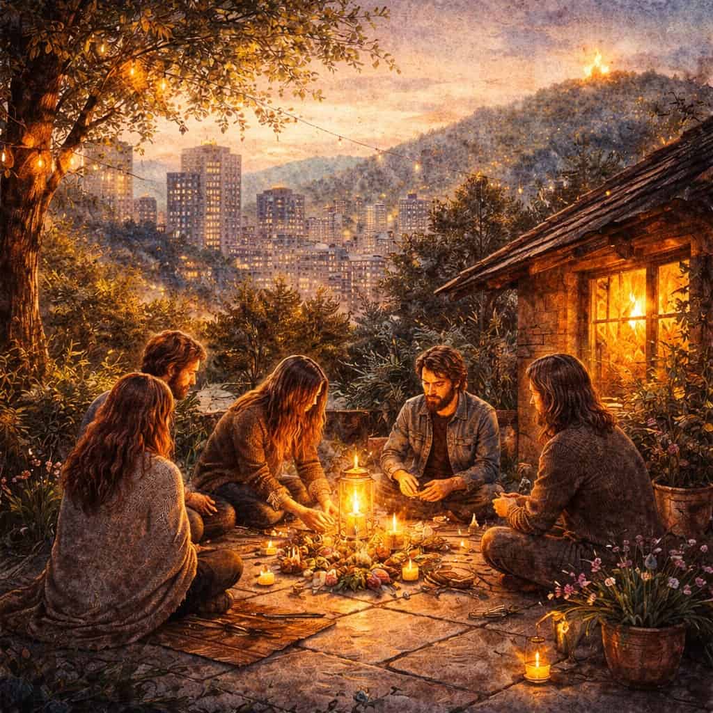 akvarelová ilustrace moderního Beltane rituálu v přírodě s výhledem na město, skupina lidí sedí kolem svíček a světel v teplé večerní atmosféře