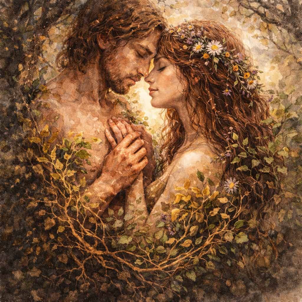 muž a žena v přírodním spojení s květinami a listy, symbolika plodnosti a Beltane rituálů