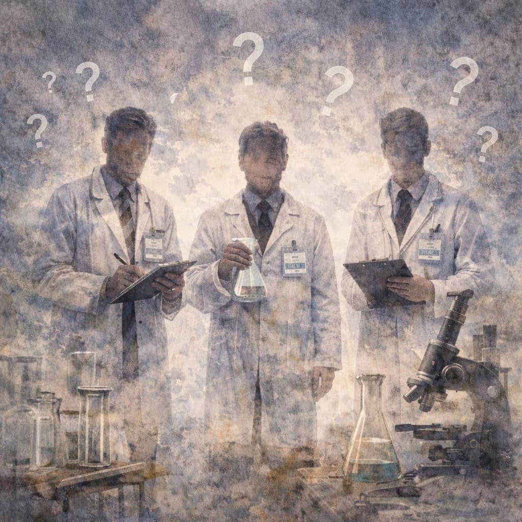 Tři vědci v laboratoři, jeden drží zkumavku, ostatní si dělají poznámky, pozadí s otazníky symbolizujícími nejistotu.