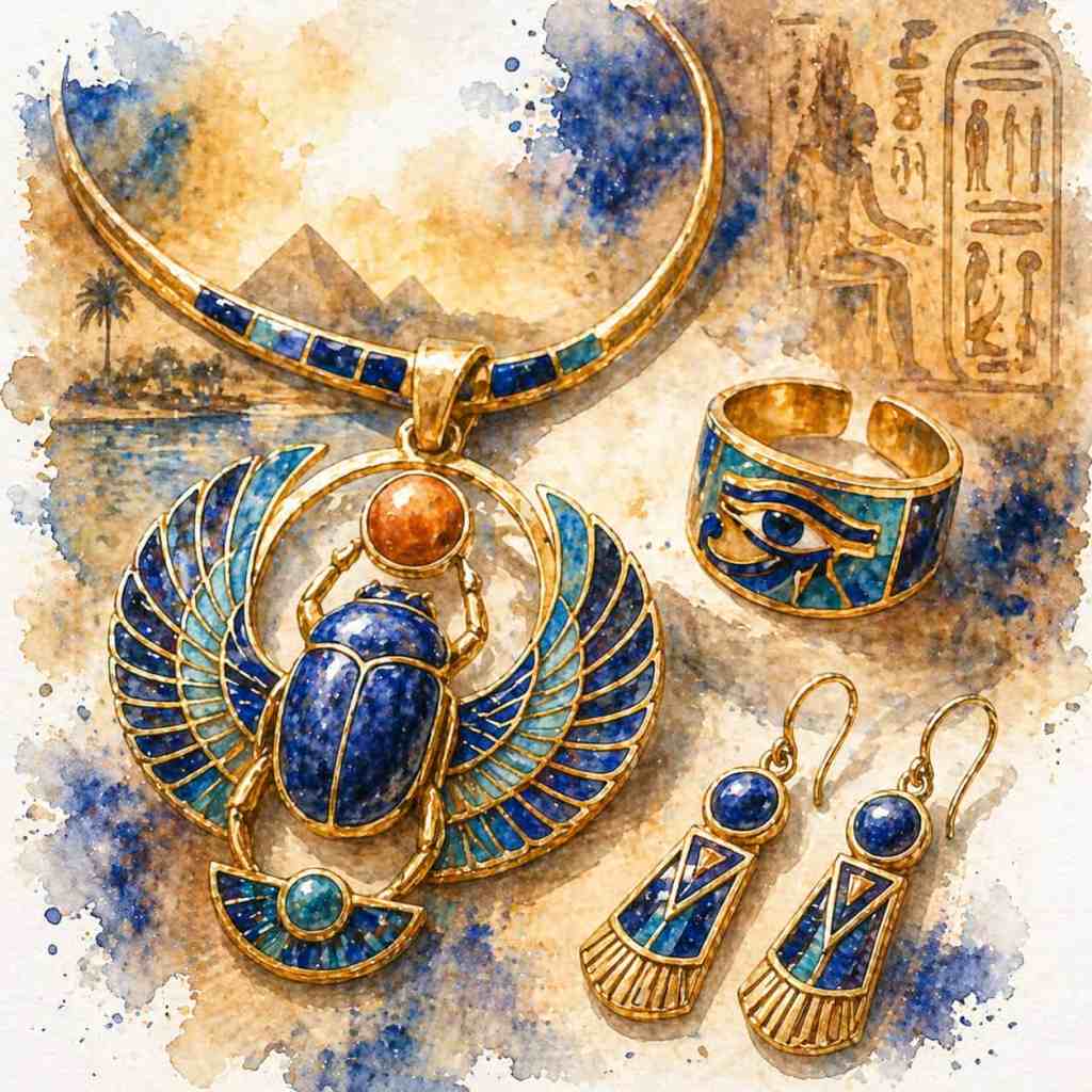 Různé egyptské šperky zahrnující náhrdelník se scarabem, prsten s očima Horuse a náušnice, vše ve zlaté barvě s modrými a zelenými akcenty.