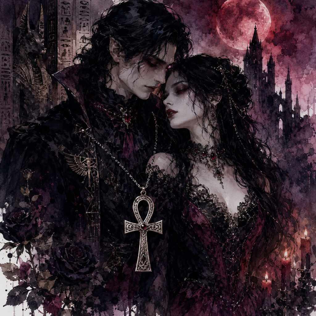 Ilustrace zobrazující upíra a upírku v gotickém stylu, obklopené temnou atmosférou s purpurovým měsícem a starobylými monumenty v pozadí.