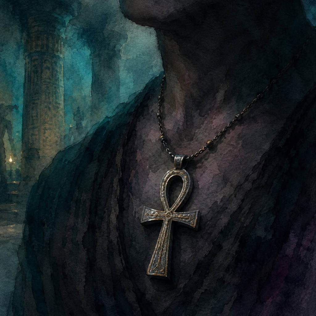 Primer plano de una persona con un collar plateado en forma de ankh, situada en un fondo oscuro y místico con columnas de piedra.