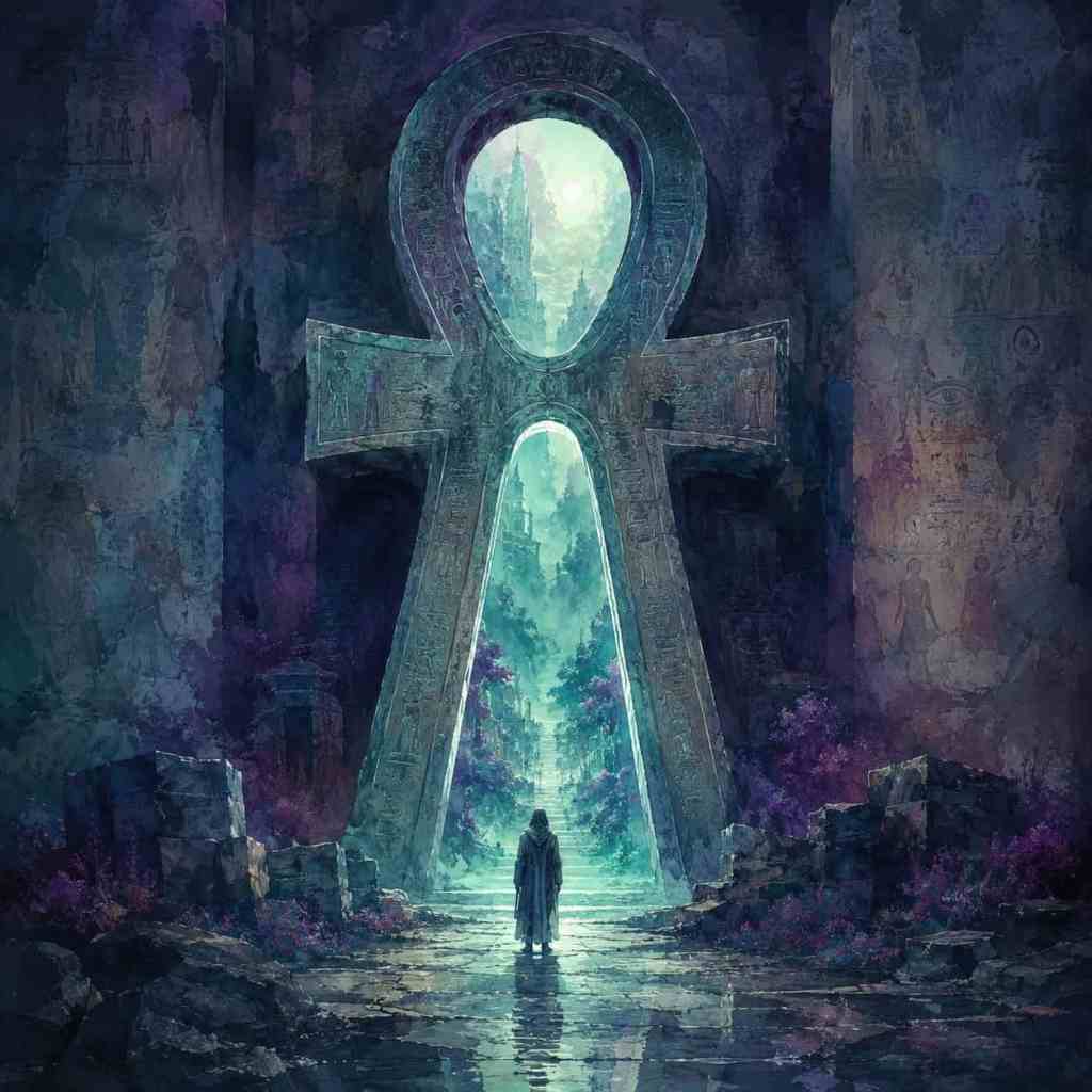 A fantasy landscape with a large ankh symbol, a cloaked figure standing on a stone path, surrounded by tall walls with paintings and plants.