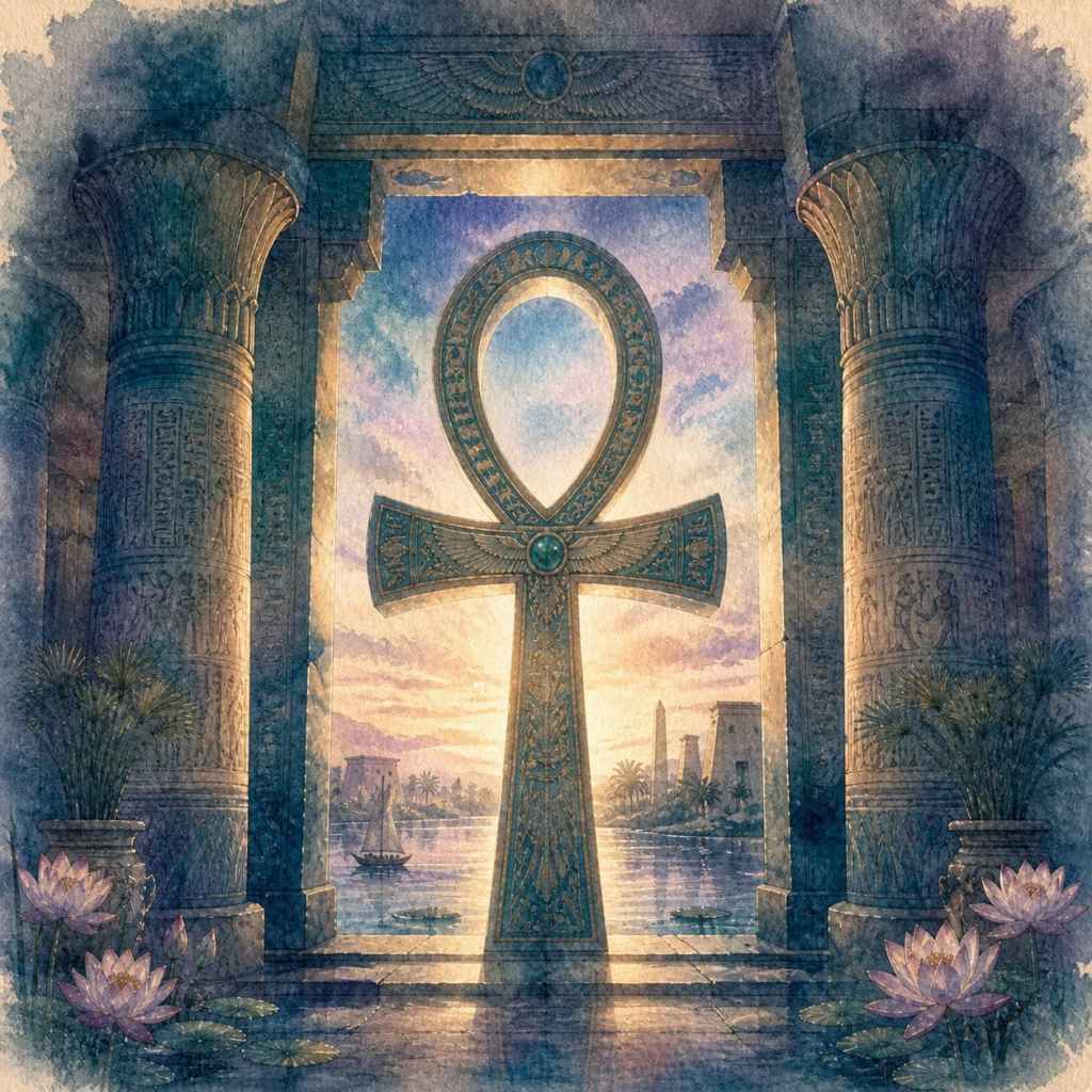 Krásná akvarelová malba ukazující ankh symbol v chrámu, s slunečním svitem v pozadí, kolem jsou lotusové květy a egyptské obelisky.