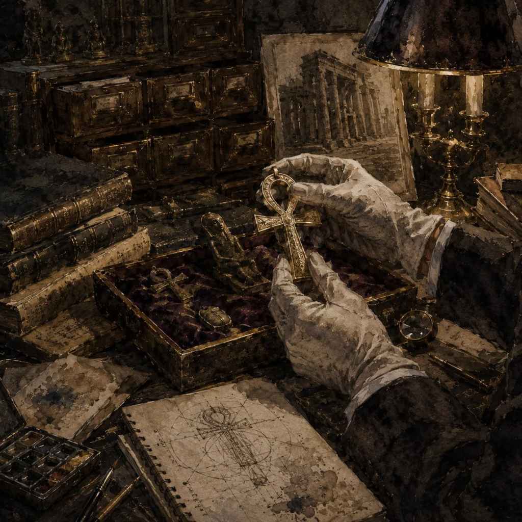 Manos con guantes blancos sostienen una cruz dorada con forma de ankh, rodeada de libros antiguos y objetos valiosos sobre una mesa.