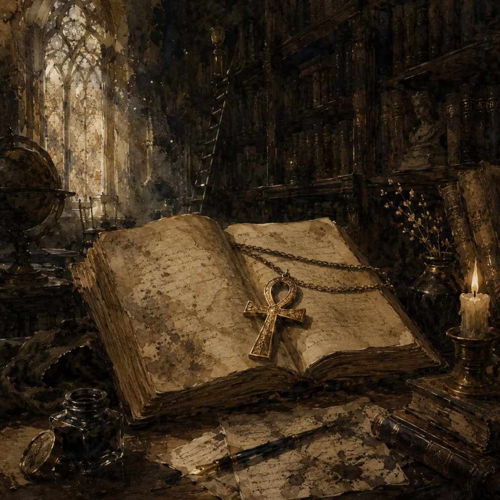 Libro abierto con páginas escritas y un amuleto dorado en forma de ankh, colocado sobre una mesa antigua. Al fondo hay una biblioteca con libros y una vela, con luz entrando por una vidriera.