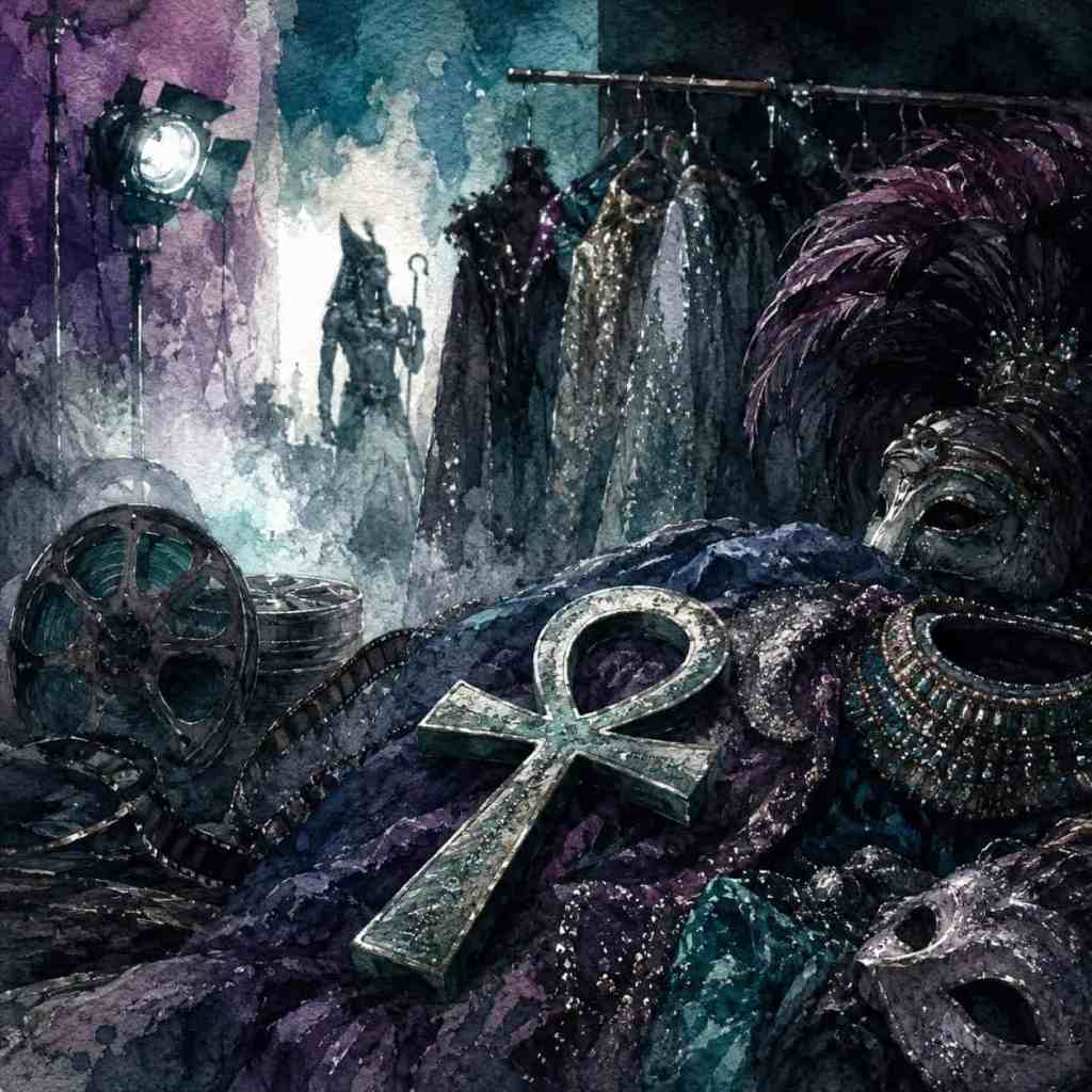 Arte en acuarela que muestra una máscara, un símbolo ankh, vestuarios y rollos de película en una atmósfera misteriosa.