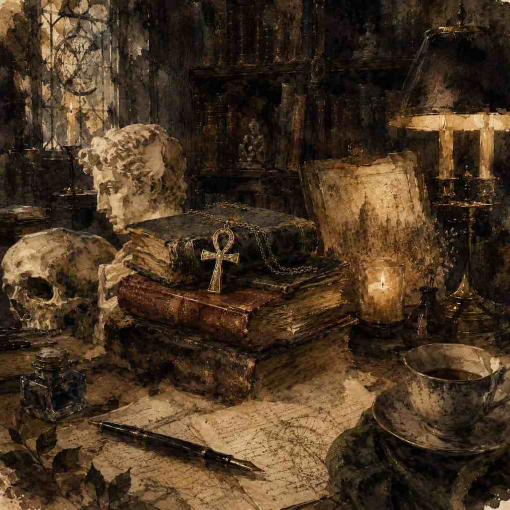 Mesa con libros, una calavera, una estatua, una lámpara y una taza de café en una biblioteca oscura.