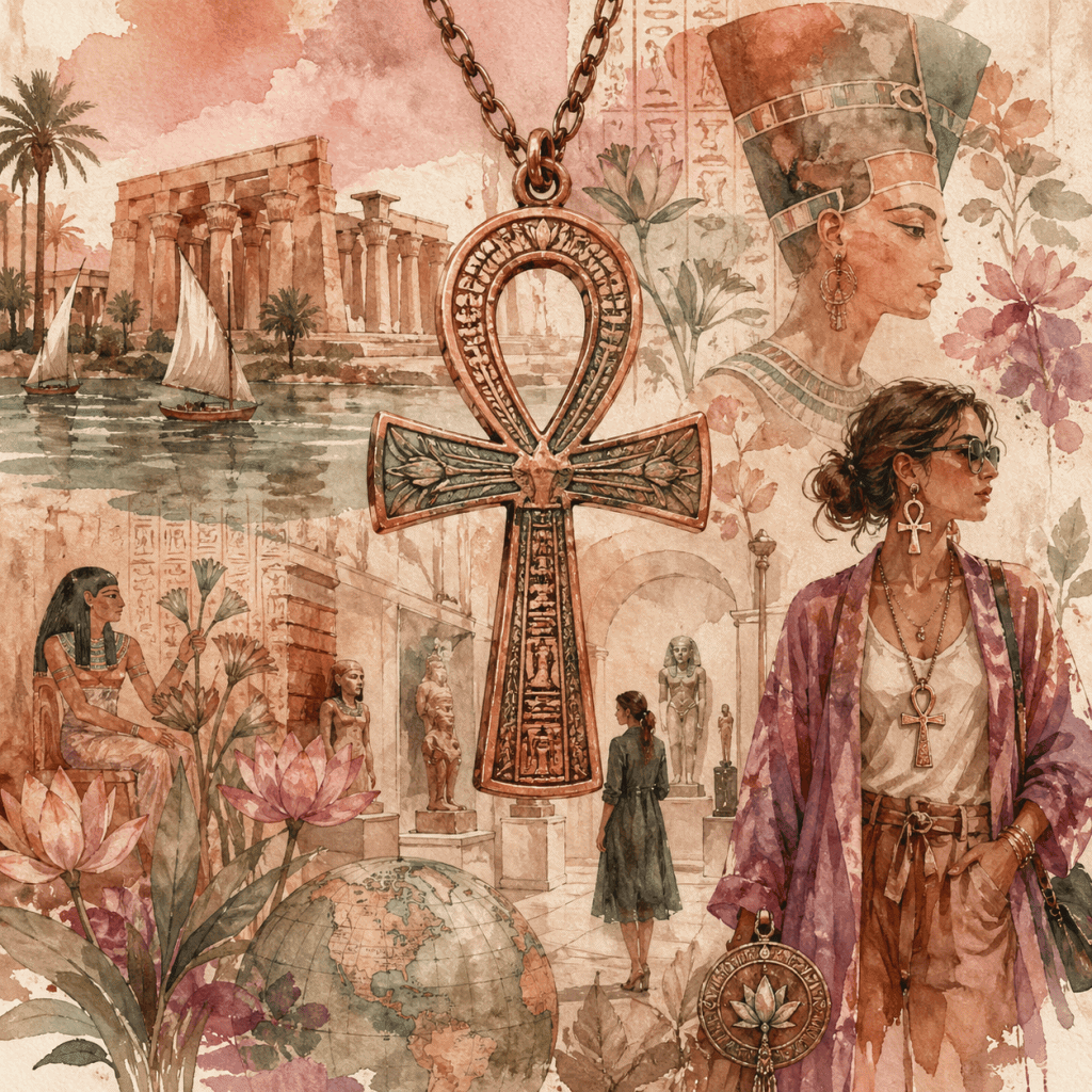 Ilustrace s egyptským symbolem ankh v popředí, obklopeným historickými scénami, včetně staroegyptských památek, postav a květin.