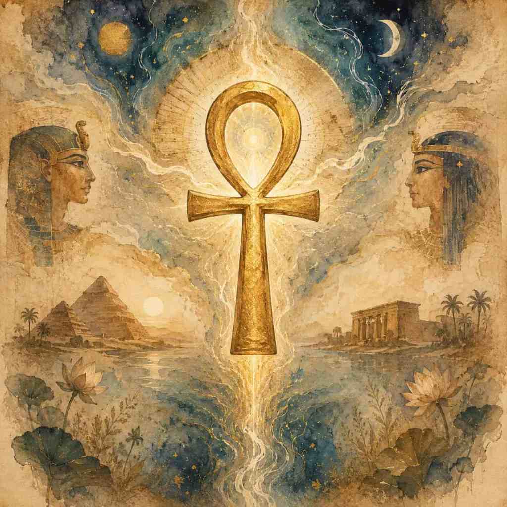 Obrázek zobrazuje symbol ankh obklopený egyptskými prvky, jako jsou pyramidy, chrámy a postavy egyptských bohyň, v pozadí noční obloha se sluncem a měsícem.