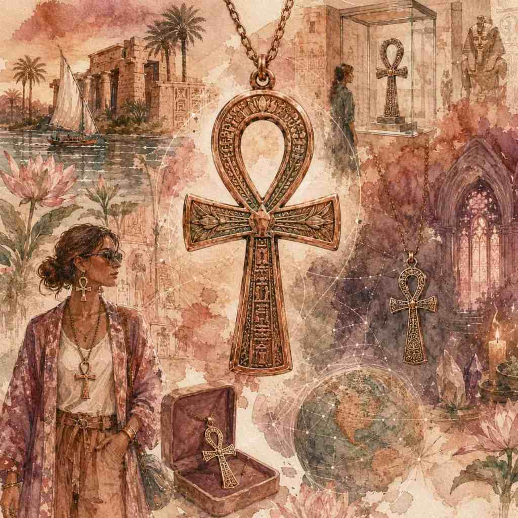 Kreativní koláž zobrazující egyptský kříž života ankh, ženy v módě s ankh šperky, a historickým pozadím s řekou a starověkými památkami.
