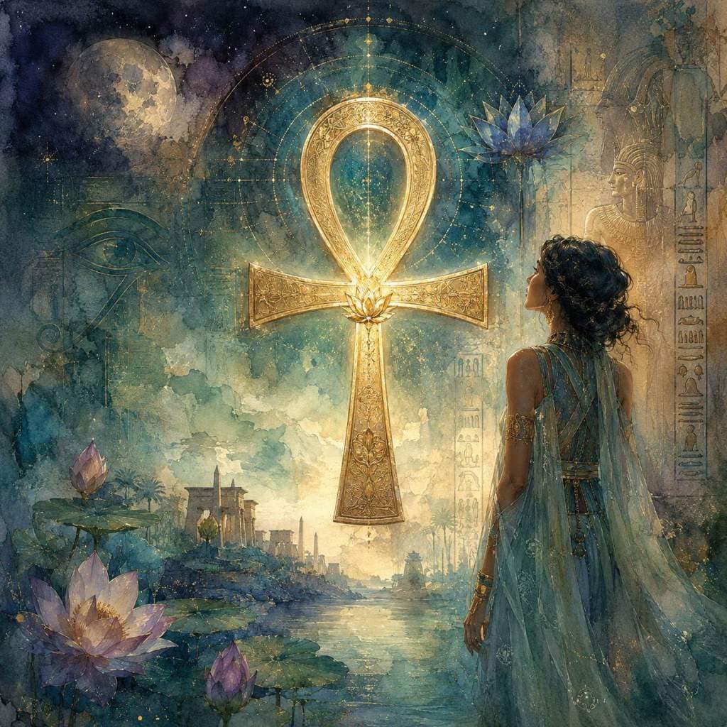 Žena v elegantním oděvu stojící u vody, hledící na zlatý ankh symbol a lotusové květy na hladině.
