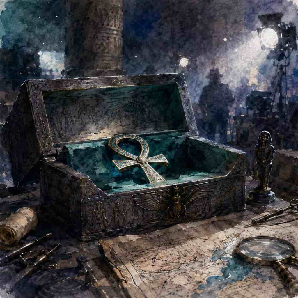 An open chest with an ankh symbol and a small figurine, surrounded by old maps and tools, with dim light in the background. Ankh.

