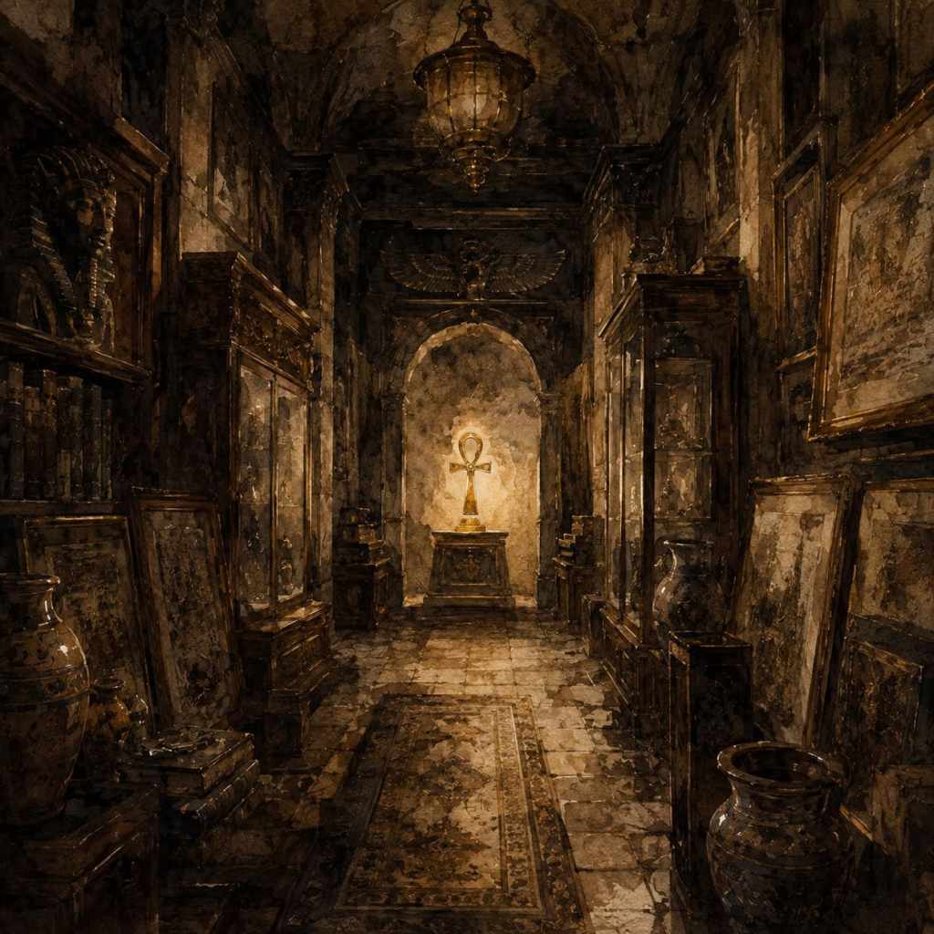 Interior de una galería oscura con artefactos egipcios, incluida una estatua, libros y vasijas, con un símbolo dorado de ankh situado en el centro bajo la luz.