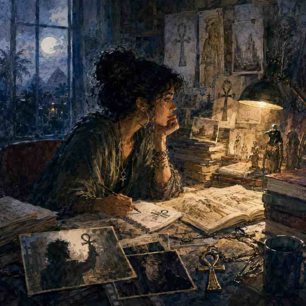 Mujer sentada ante una mesa, pensativa, con una pluma en la mano y un cuaderno, rodeada de libros, imágenes y pequeñas estatuas. Al fondo se ve un paisaje nocturno con pirámides y reflejos lunares.