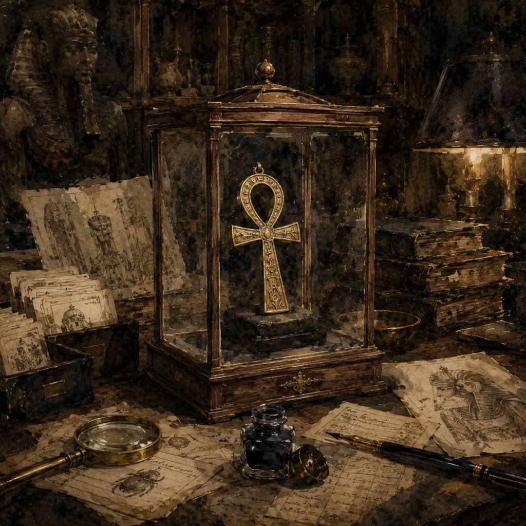 Antigua vitrina de madera con un símbolo dorado de ankh expuesto en su interior, rodeado de libros viejos y documentos manuscritos sobre una mesa, con una lupa e tinta.