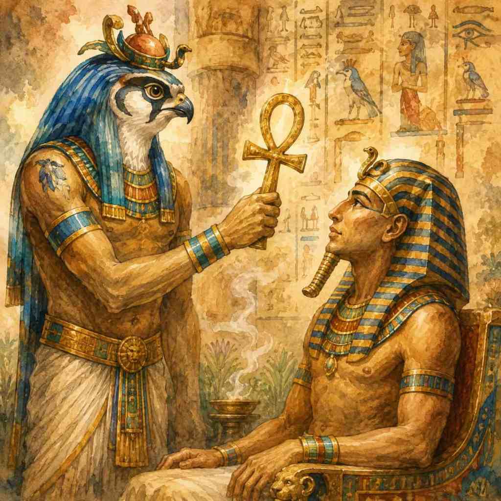 Ilustrace egyptského boha Horuse s hlavou sokola, který drží ankh, zatímco stojí před budoucím faraonem sedícím na trůnu.