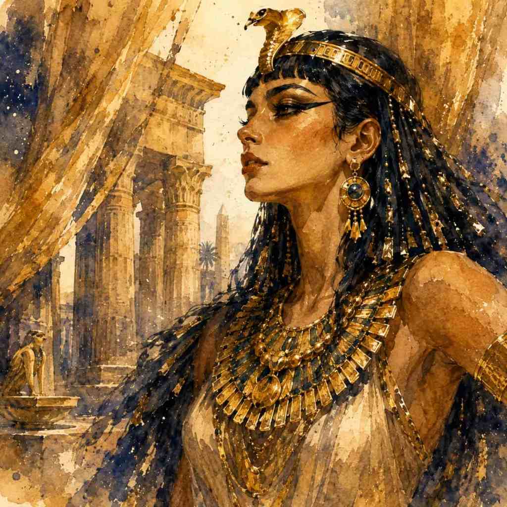 Ilustrace ženy s exotickými rysy, nosící egyptské šperky a hlavu s korunou, stojící před historickými chrámy.