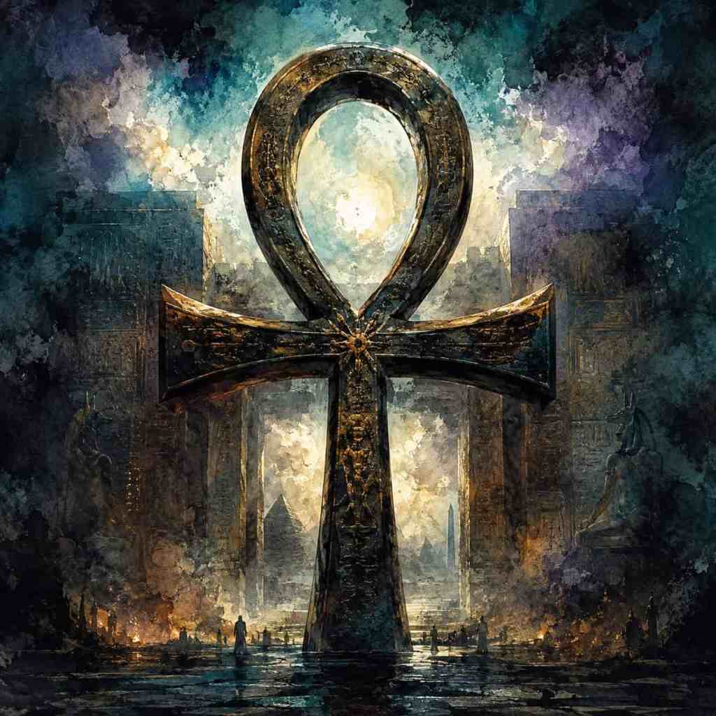 Imagen del antiguo símbolo egipcio ankh en una atmósfera dramática, con pirámides y figuras místicas al fondo.