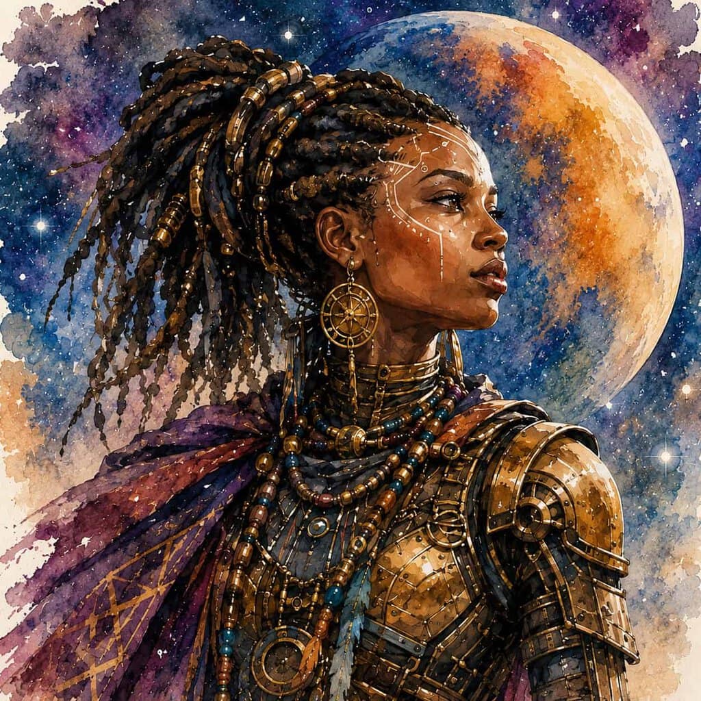 01-sci-fi-warrior-afrofuturismus-kosmicka-bojovnice-s-hvezdnym-pozadim