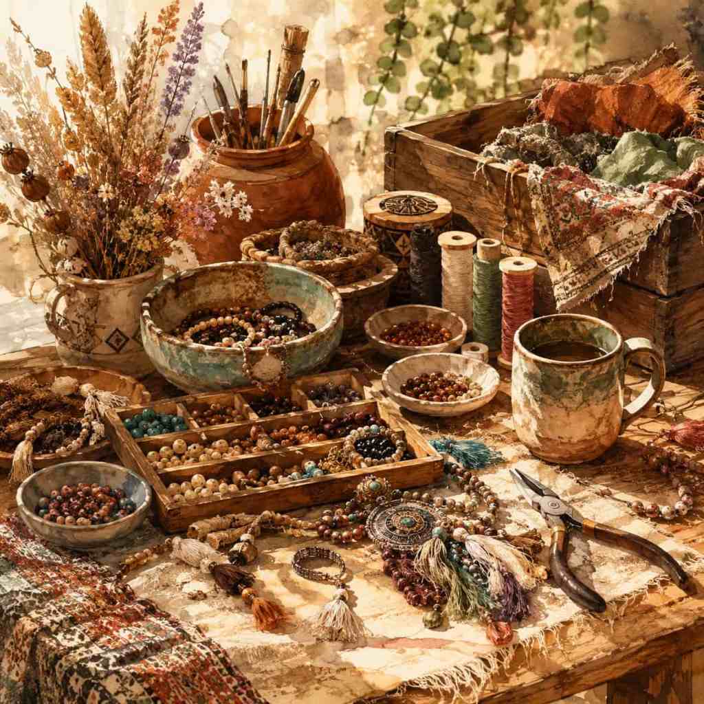 Artisan Boho. Stůl pokrytý šperky, korálky a nástroji pro výrobu šperků, s květinami a barevnými nitěmi v pozadí.