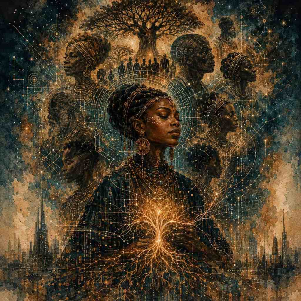 Ancestral Tech afrofuturismus. Umělecký obraz znázorňující ženu s afro účesem v modro-hnědých tónech, okolo ní se nacházejí obrazy dalších postav a strom života, symbolizující propojení a předky.