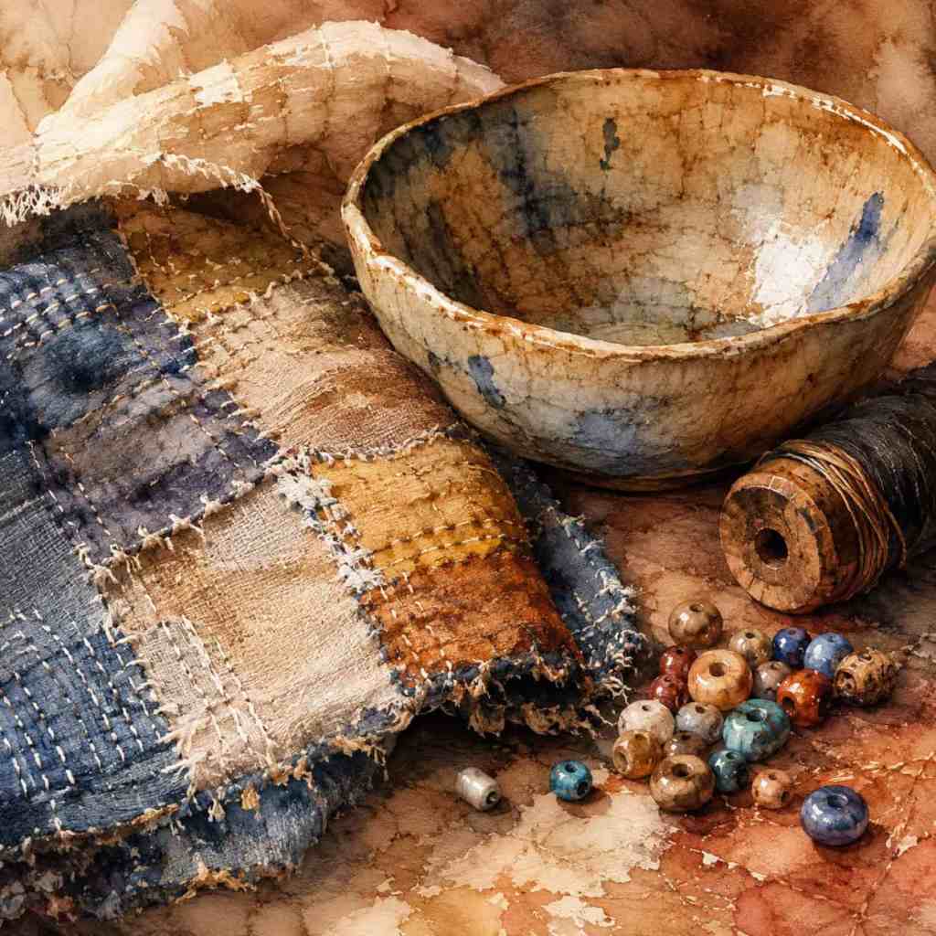 Umělecký still life s keramickou miskou, barevným patchworkovým kusem látky a různobarevnými korálky.