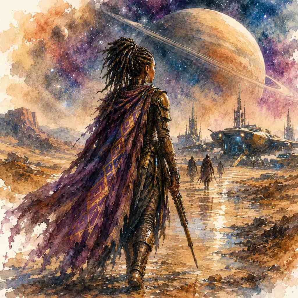 Sci-Fi Warrior Afrofuturismus: Žena v bronzovém brnění s dlouhým pláštěm kráčí po pusté planetě, zatímco v pozadí je obrovský Saturn s prstenci a futuristický prostorový přístav.