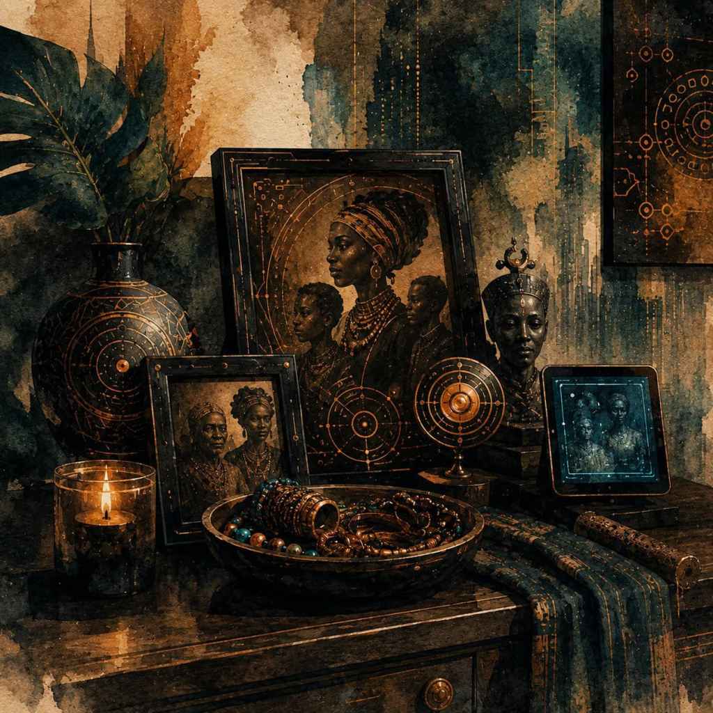 Tajemný still life s portréty a šperky na dřevěné komodě, zdobeno svíčkou a váza s listy.