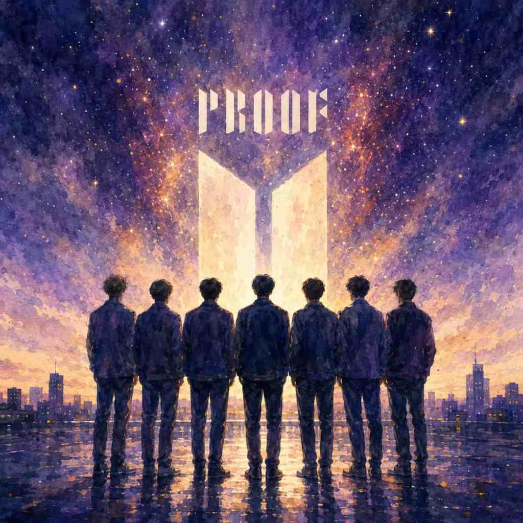 Sete figuras vistas de costas estão diante de um símbolo brilhante do BTS e da palavra Proof sobre um fundo estrelado, símbolo da recapitulação do caminho do grupo e da confirmação de sua história.