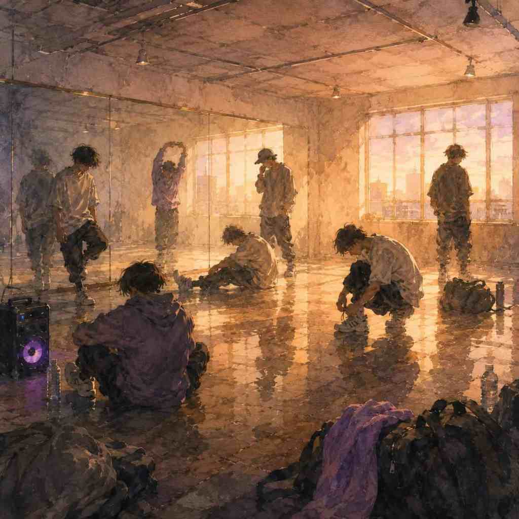 Akvarelová ilustrace sedmi postav BTS v taneční zkušebně po náročném tréninku jako symbol trainee období, nejistoty a tvrdé práce před slávou.
